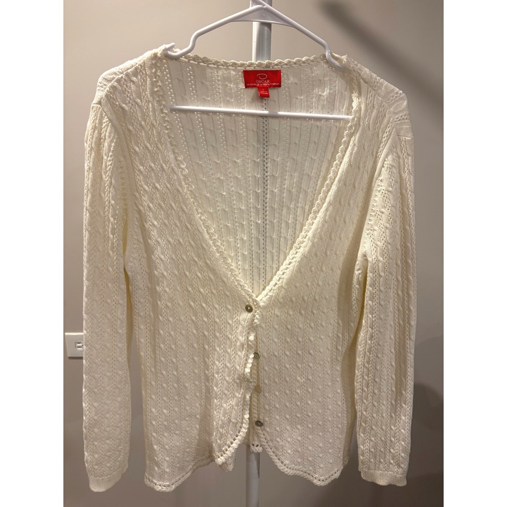 Vtg OSCAR by Oscar de la Renta Pointelle Cable Knit Cardigan Sweater L Cottage
